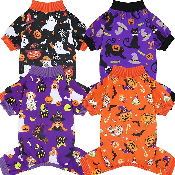 XPUDAC 4 Pack Halloween Dog Pajamas, Funny Ghost Halloween Costumes for Dogs, Soft Strechy Doggy Clothes for Small Medium Dogs Boy Girl, Pet Apparel, M