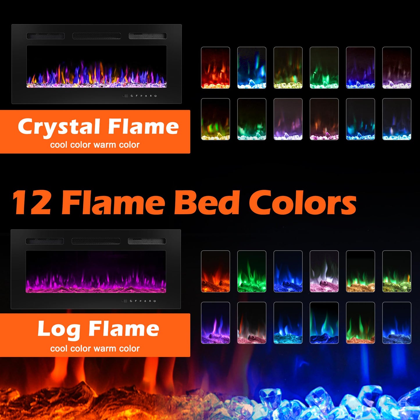 BETELNUT 36" Electric Fireplace Wall Mounted and Recessed with Remote Control, 750/1500W Ultra-Thin Wall Fireplace Heater W/Timer Adjustable Flame Color and Brightness, Log Set & Crystal Options