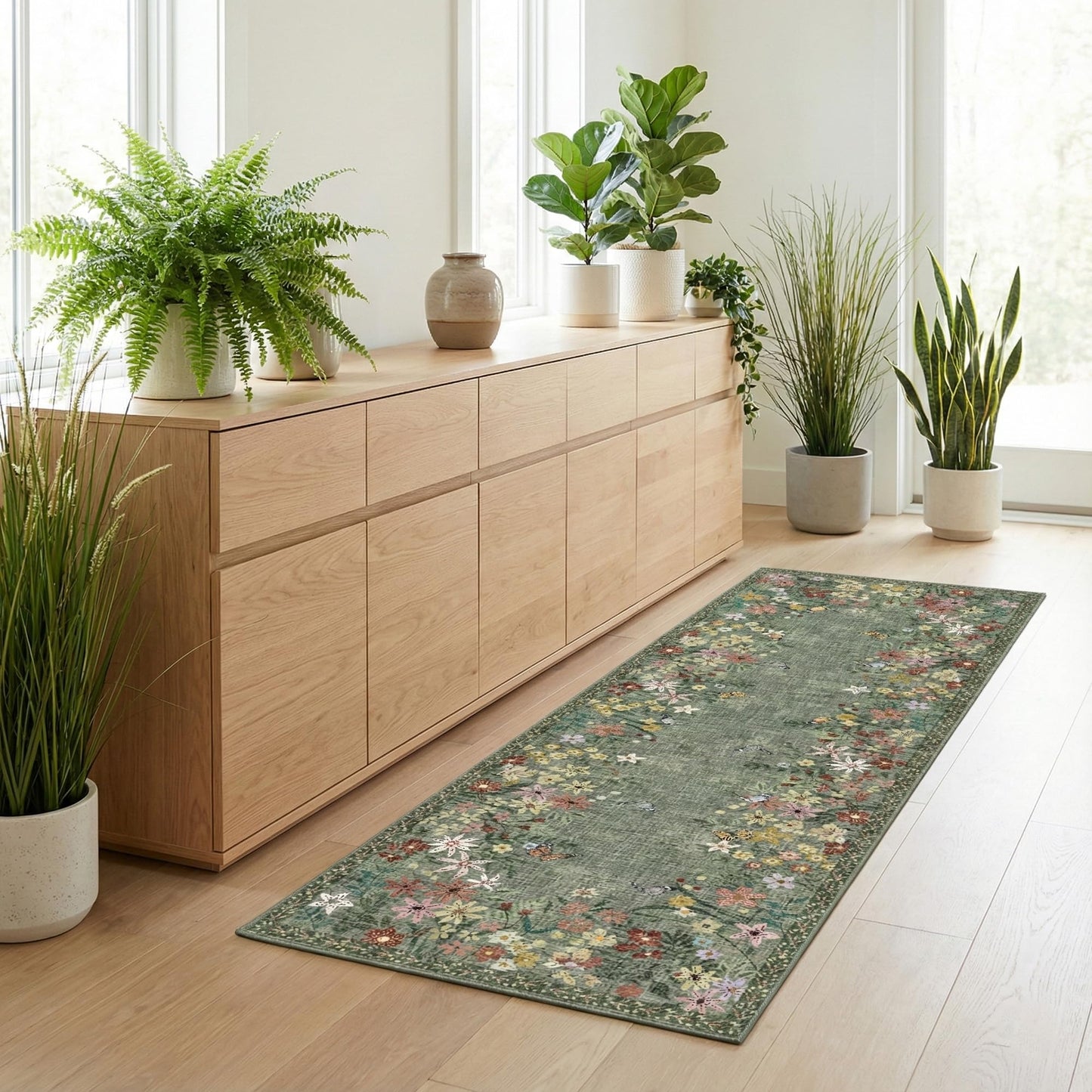KUEAO 2x6 Kitchen Runner Rug for Hallway, Washable Runner Rug with Non Slip Backing, Low Pile Soft Boho Floral Carpet for Kitchen Hallway Entryway Laundry Bedroom 24x72 Inch Green