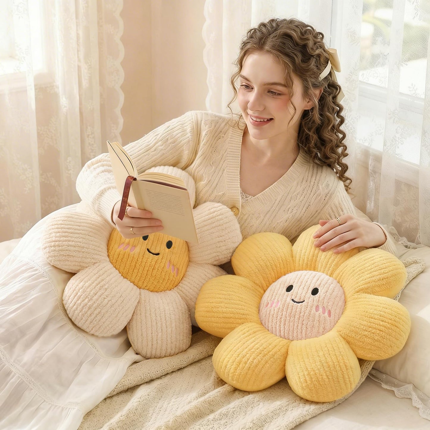 HonorHut 2 Pcs Cute Couch Pillows 17.7" Daisy Flower Pillow Decorative Flower Seat Cushion for Bedroom Living Room Sofa Decor White and Yellow