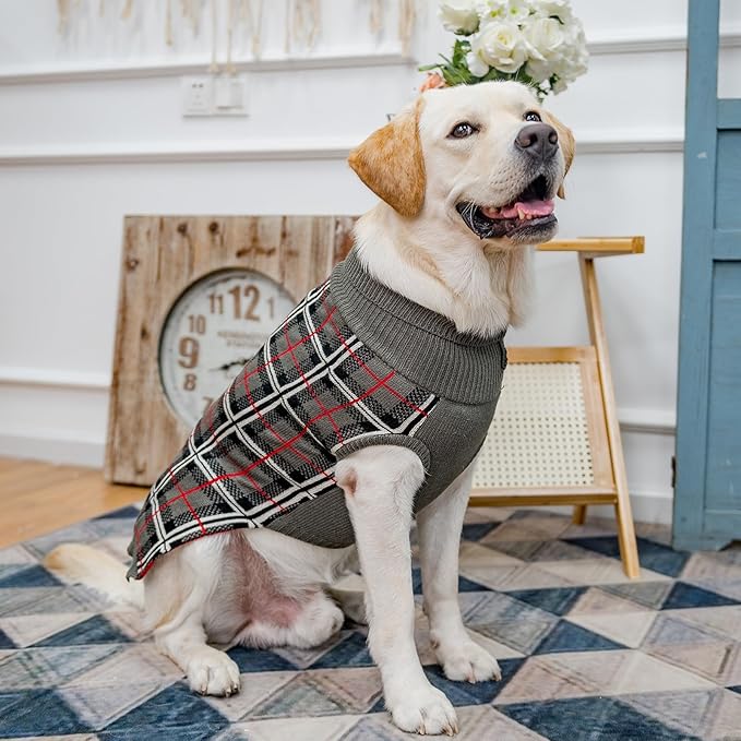 PUPTECK Dog Sweaters for Large Medium Small Dogs - Fall Classic Plaid Style Puppy Holiday Winter Coat Clothes Warm, Grey, M