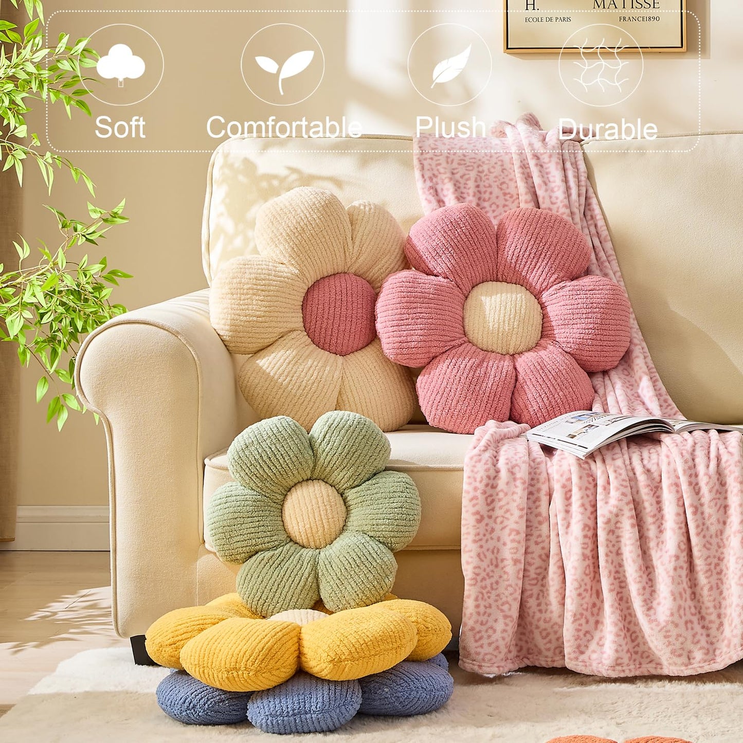 XIAIJIA Flower Pillow Flowers Shaped Pillow Cushion Decorative Daisy Pillow for Bed Cute Throw Pillow Flower Floor Pillow Soft Seat Cushion Pink Cushion 15.7"