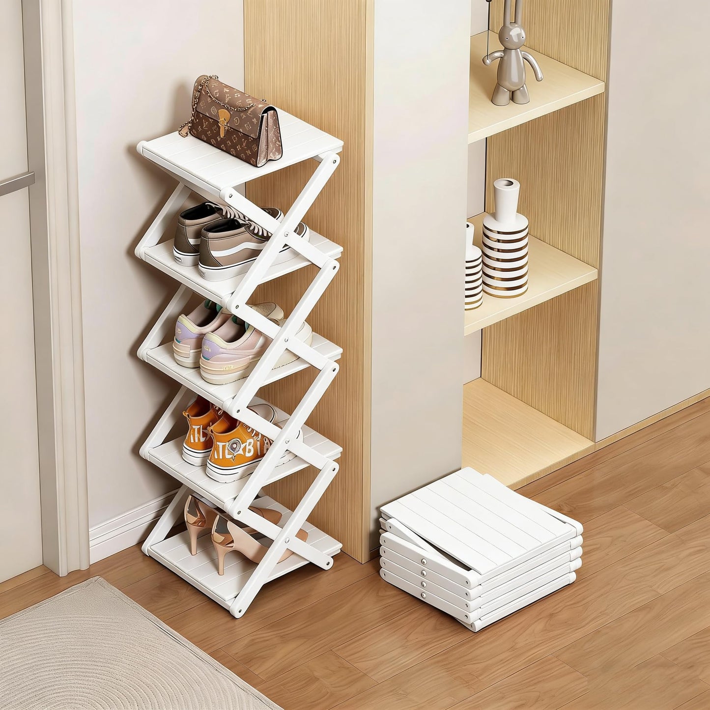 Bamboo Shoe Rack - No Assembly Required, Tall Narrow Foldable Shoe Organizer, Space-Saving Multifunctional Shelf for Entryways, Corners, Bedrooms, Balconies, 6 Layer White (Reinforced And Thickened )