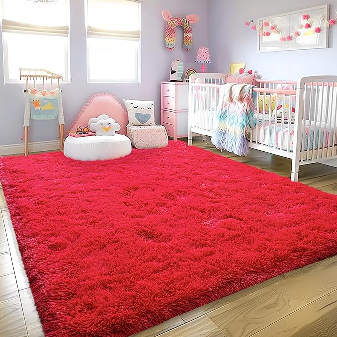 Ultra Fluffy Area Rugs for Living Room Bedroom, 6x9 Fuzzy Large Living Room Rugs, Thick Shag Rug for Dorm, Soft Non Slip Kids Girls Boys Rug for Home Decor Aesthetic, Red