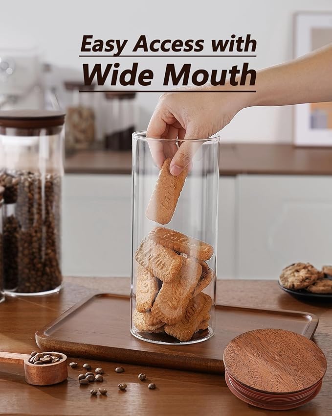 BOILMERIT 2PCS of 50floz Round Coffee Canister with Wooden Lids, Airtight Glass Coffee Jars for Ground Coffee, Coffee Beans Storage Container