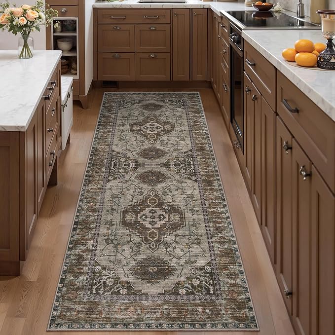 Tangsoo 2.6x10 Washable Hallway Runner Rug, Non Slip Vintage Runner Rug for Hallways, Soft Low Pile Long Rug Runner, Print Distressed Carpet Runners for Kitchen Bedroom Entryway Living Room Grey