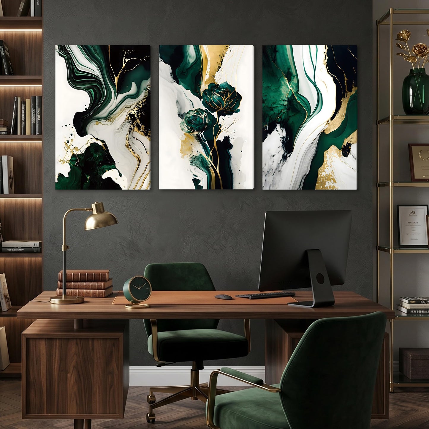 EJPFOGV Large Framed Abstract Wall Art Set of 3, Green and Gold Marble Texture with Floral Motif, Easy to Hang & Fade Resistant Art Prints, Wall Decor for Bedroom, Living Room, Home Office, 20x30 Inch