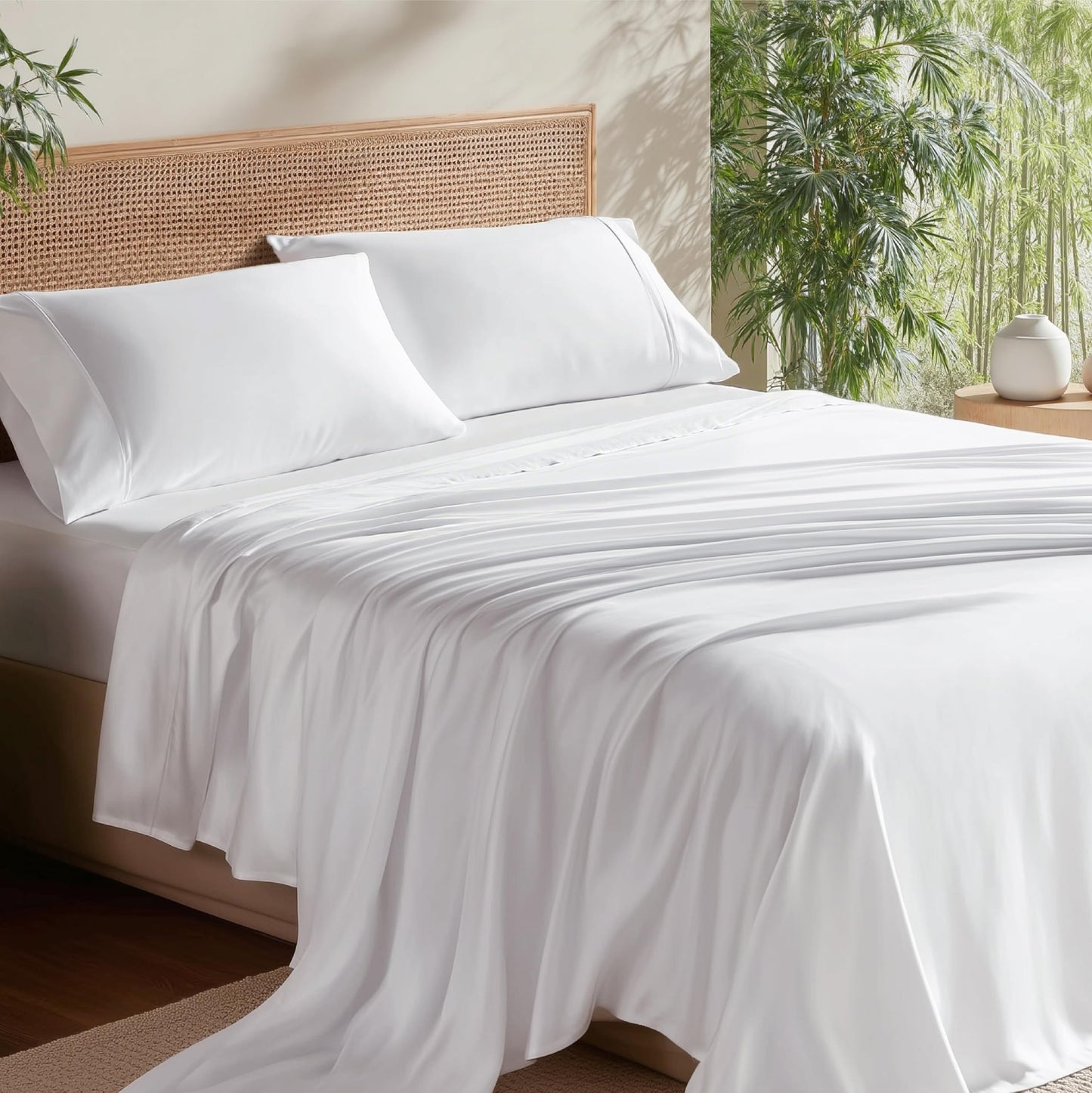 Bedsure Queen Sheet Set, Cooling Sheets for Queen Size Bed Set, Rayon Derived from Bamboo, PureWoven, Breathable & Soft, Deep Pocket Up to 16 Inches, Hotel Luxury Silky Bedding for Hot Sleepers, White