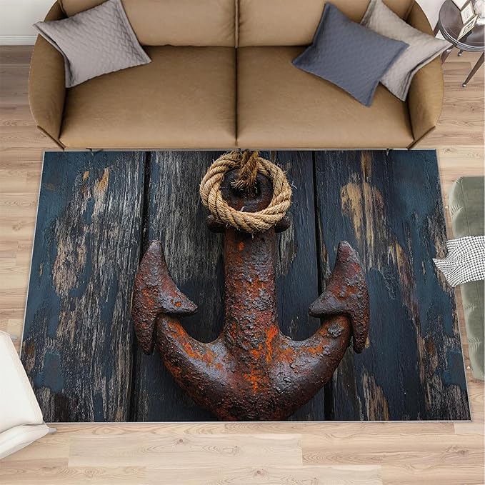 Nautical Anchor 6x9 Area Rugs,Distressed Wood Bedroom Rug Nautical Style Non-Slip Washable Rug for Living Room Nursery Kitchen Low-Pile Carpet
