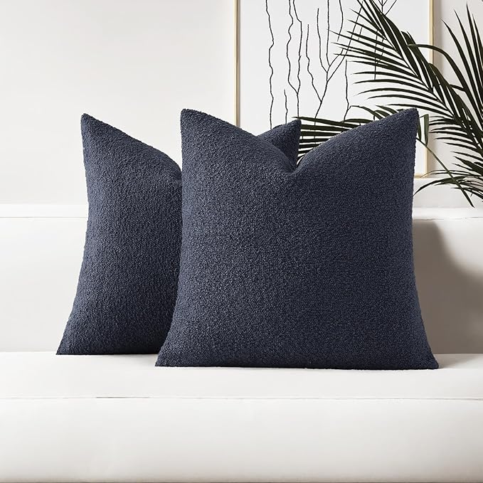 HAUSSY Set of 2 24x24 Decorative Throw Pillow Covers, Soft Cozy European Pillow Shams Textured Boucle, Home Decor for Couch Bed Living Room, Navy Blue