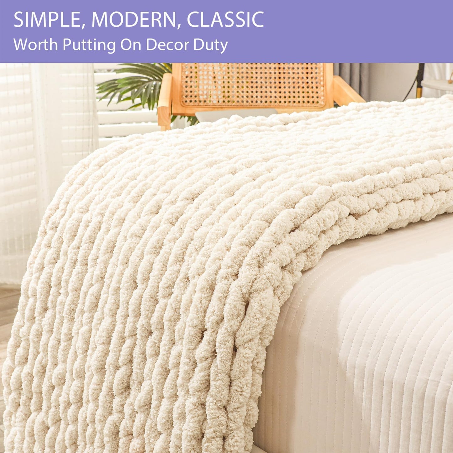 Bigacogo Chunky Knit Throw Blanket for Couch, 40x60 inches, Beige