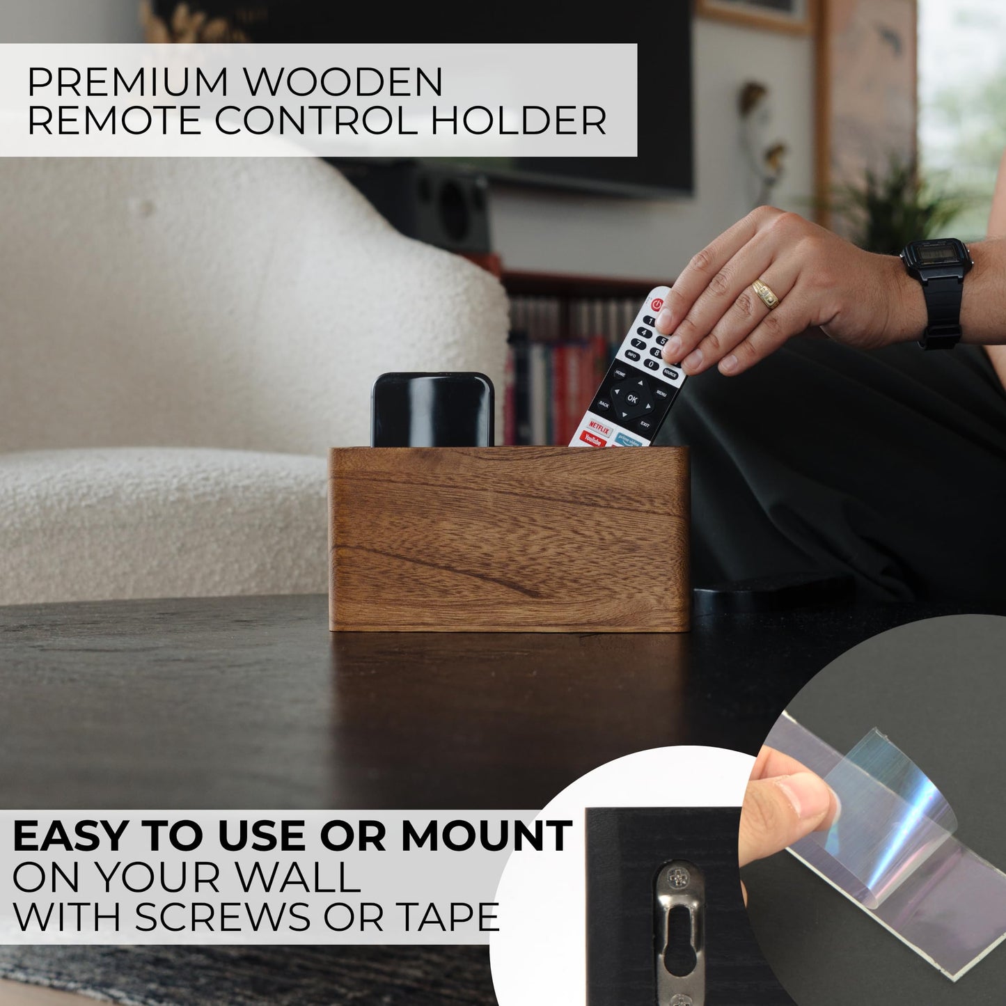 KIBAGA Premium Wooden Remote Control Holder - Easy Install Adhesive Wall Mount Caddy Keeps 3-4 TV Remotes Neatly Organized - Stylish Natural Wood Organizer is Perfect for Any Bed Or Living Room Wall