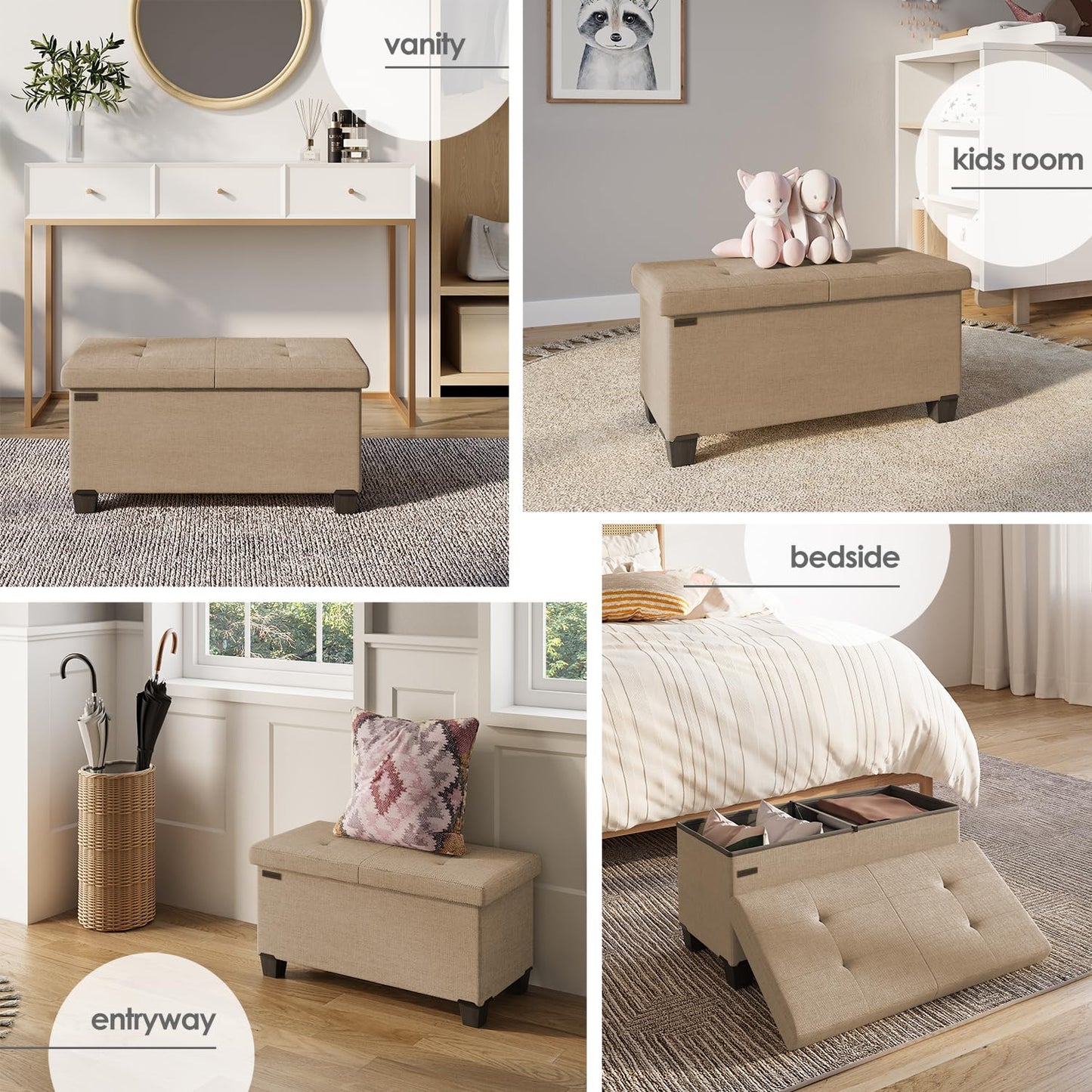 Storage Ottoman Bench with Bins, 30-in Storage Bench for Bedroom End of Bed, Folding Foot Rest Ottoman for Living Room Max 660lbs, Fabric Ottomans, Taupe