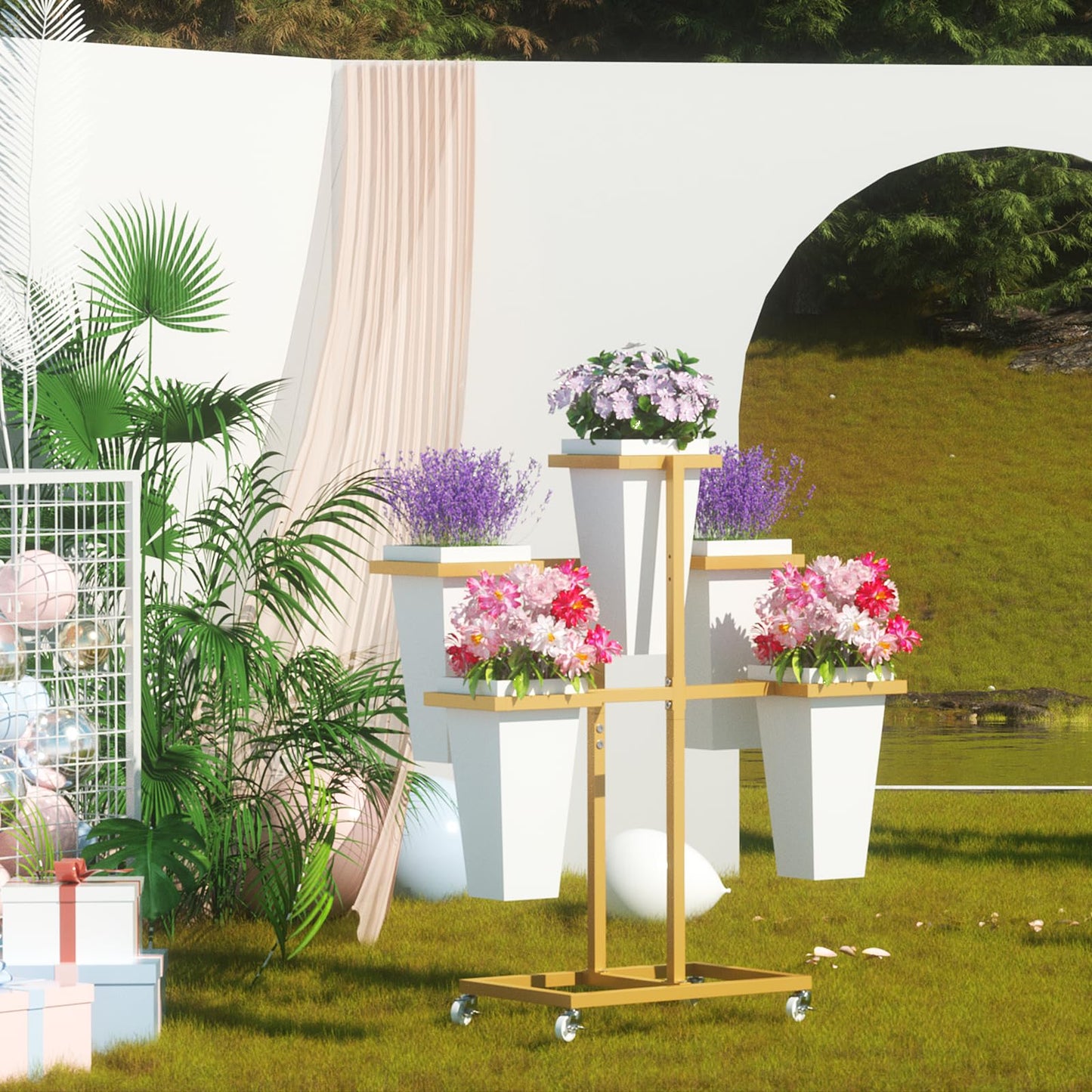 MILEFA Flower bar Stand with Buckets, Moving Flower Display Stand with Wheels, Metal Flower Cart for Bridal Shower. Wedding, Party, Garden, Gold