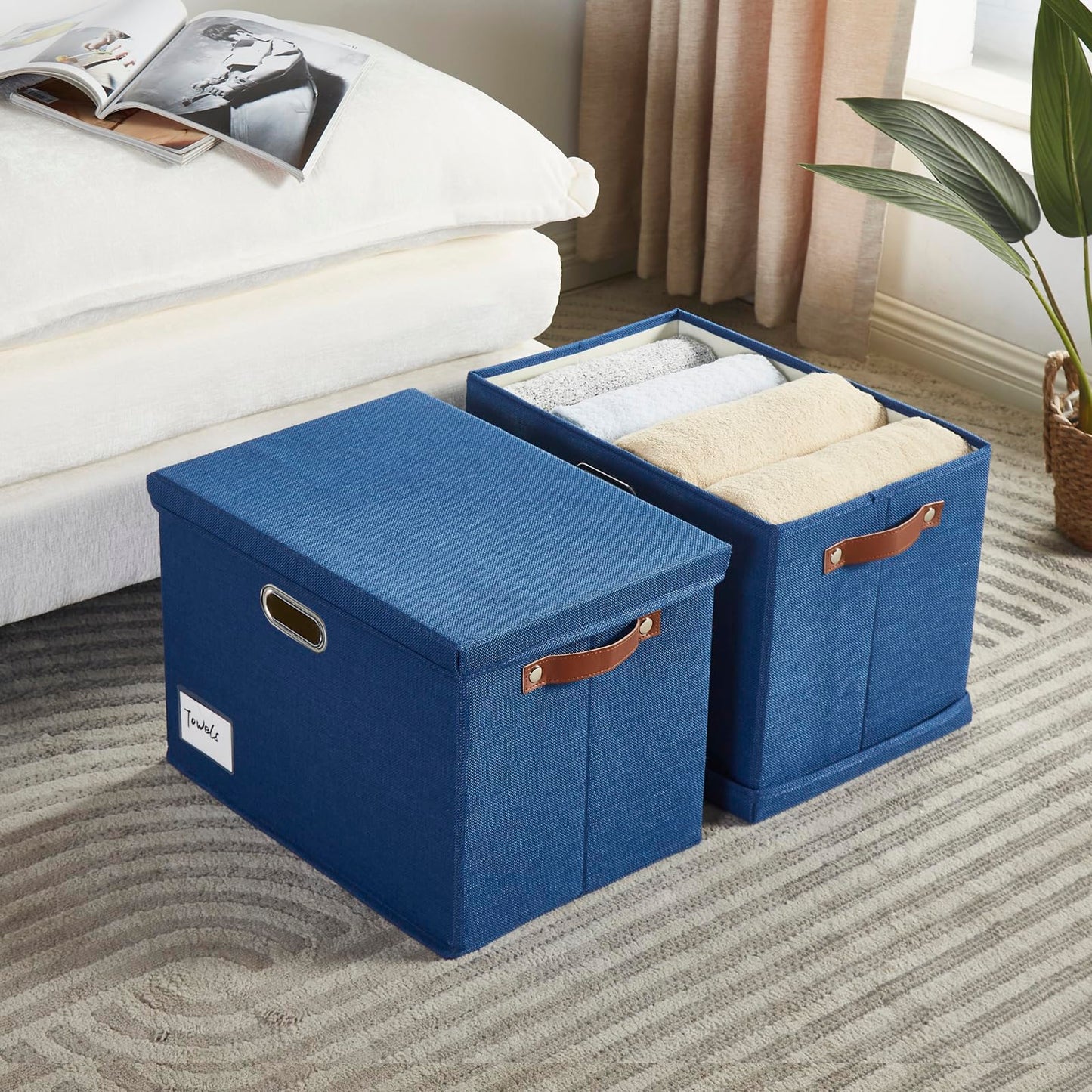 Roobyl 15" Large Collapsible Storage Bins with Lids, Stackable Closet Organizers with PU Handle and Labels, 3-Pack Decorative Fabric Storage Boxes for Home, Bedroom, Closet, Office, Nursery(Navy)