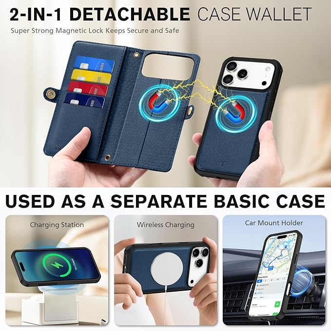 TUCCH Crossbody Detachable Wallet Case for iPhone 17 Pro Max 6.9", 10 Card Holders RFID Blocking, Wireless Charging, Stand, Wrist Strap, Lanyard, Zipper Pocket, PU Leather Shockproof Cover, Dark Blue