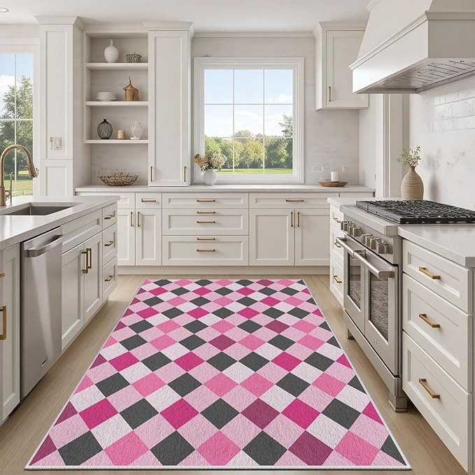Diamond Checkered Rug 5x6, Soft Ultra Soft Faux Wool Abstract Geometric Rugs, Indoor Floor Mats Carpet, Non Slip&Non-Shedding Low Pile Washable Rugs, Modern Red Rug for Bedroom