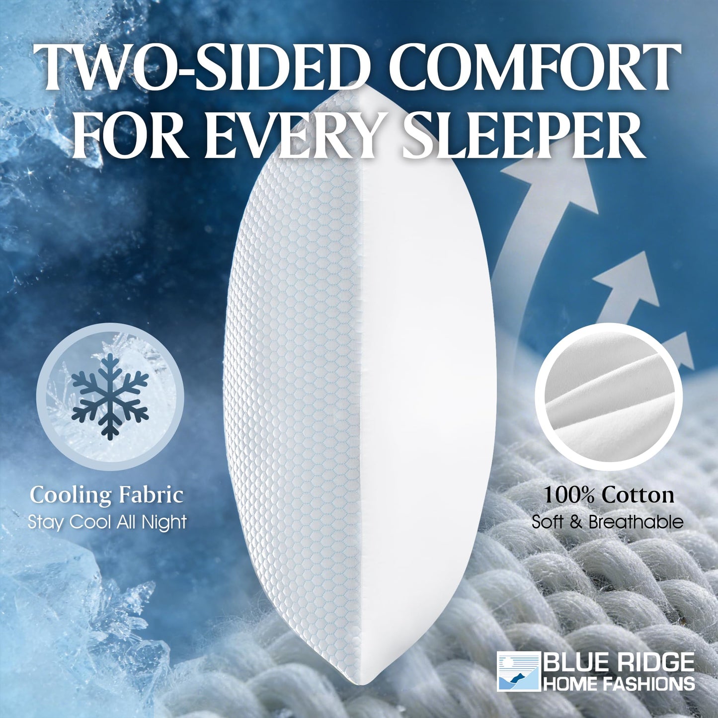 Blue Ridge Home Fashions Cooling Pillows King Size Set of 2, Dual-Sided Cooling & Breathable Cotton Design, Down Alternative Pillows for Hot Sleepers, Soft Pillow for Side, Back & Stomach Sleeping