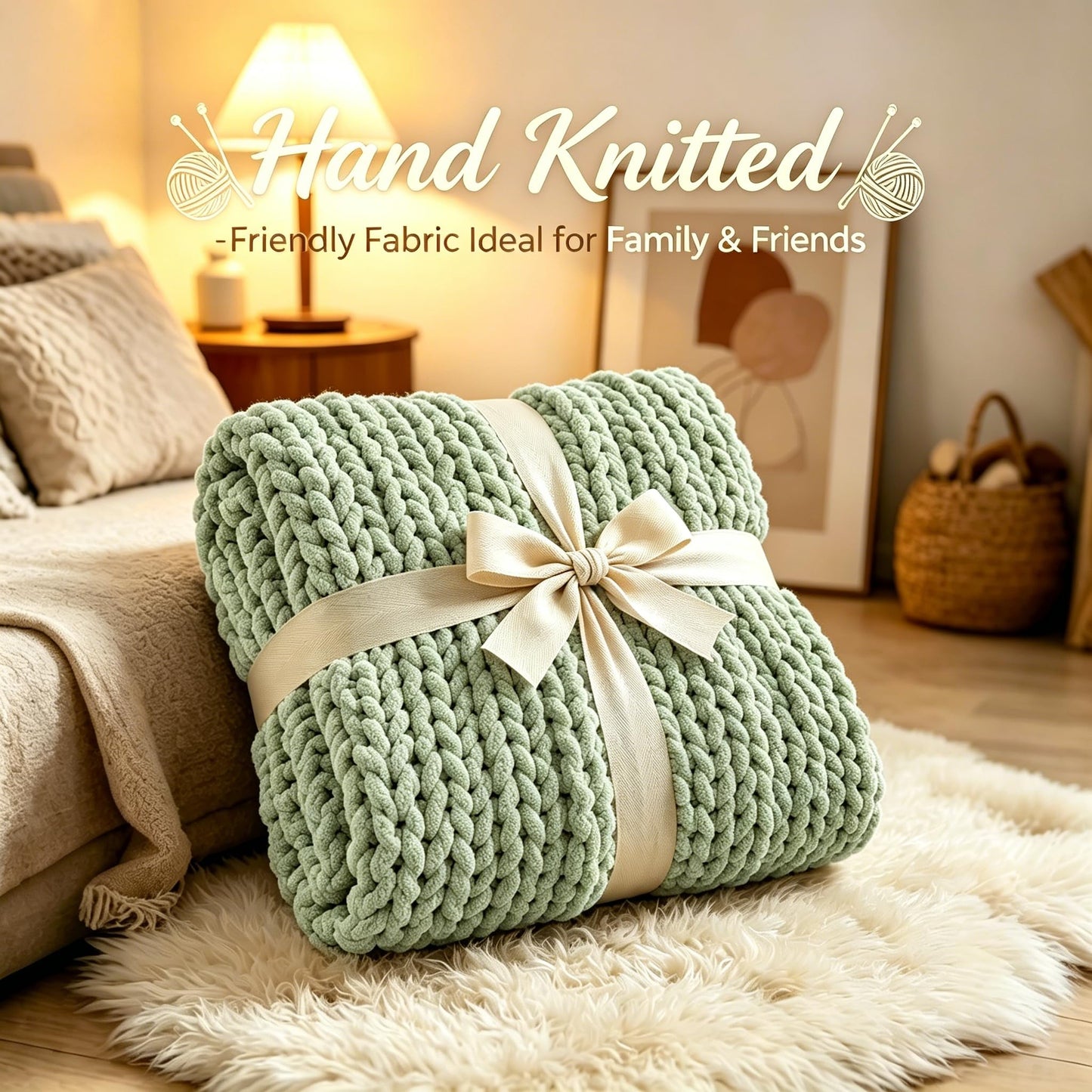 Admitrack Chunky Knit Blanket Throw, 100% Hand Knit Chenille Throw Blanket for Sofa & Home Decor, Soft and Cozy Knitted Throw Blankets (Sage Green，51"x63")