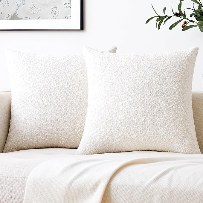 Mixhug Decorative Boucle Throw Pillow Covers, White, 20 x 20 Inches, Pack of 2 - Textured Boho Pillow Covers for Couch and Bed
