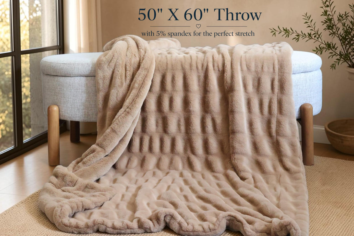 Raelee Luxury Faux Rabbit Fur Throw Blanket, Ultra Soft Double Sided Fluffy Plush Throw for Couch, Bed, Chair, Thick Warm Cozy Decorative Bubble Throw Blanket, Caramel Brown, 50x60
