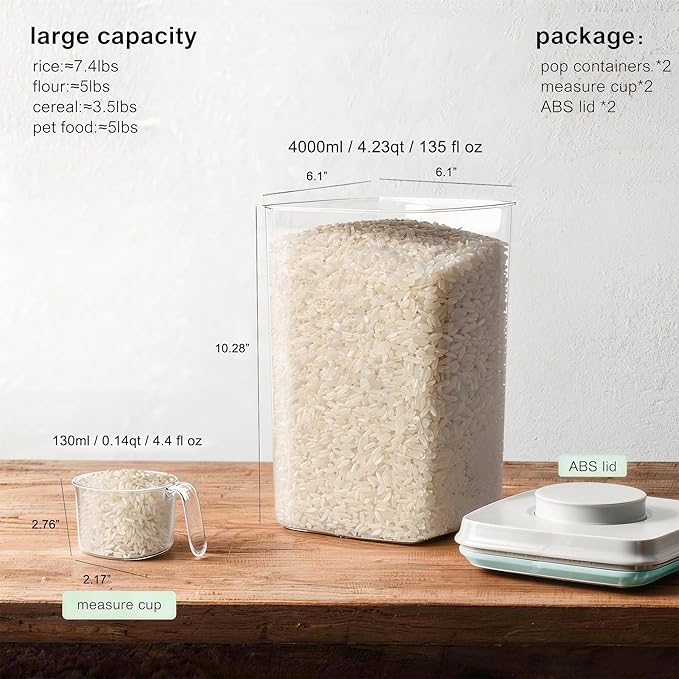 Cozey Daily Pop Food Storage Container Airtight Rice Containers with Pop Lid & 130ml Scoop, 4L / 4.2QT *2 BPA-Free Cereal, Flour, Pasta & Snack Container for Kitchen Pantry Organizer