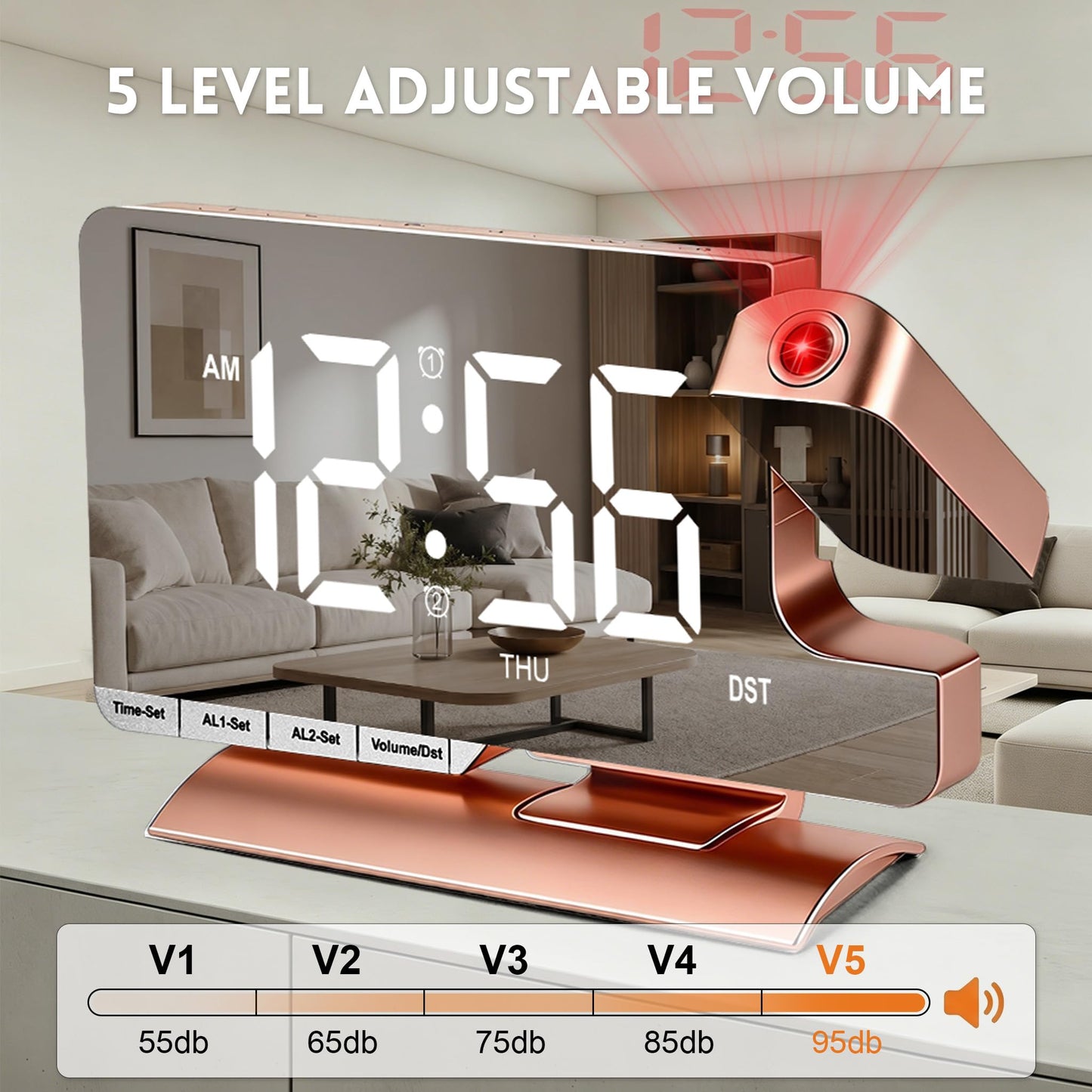 Projection Clock,Alarm Clocks for Bedrooms,7.3"Mirror Bedside Clock with 180°Rotating Projector,6 Brightness Adjust,Dual Alarm with 3 Mode,Date,DST,Charging Port,5 Levels Volume for Home Decor