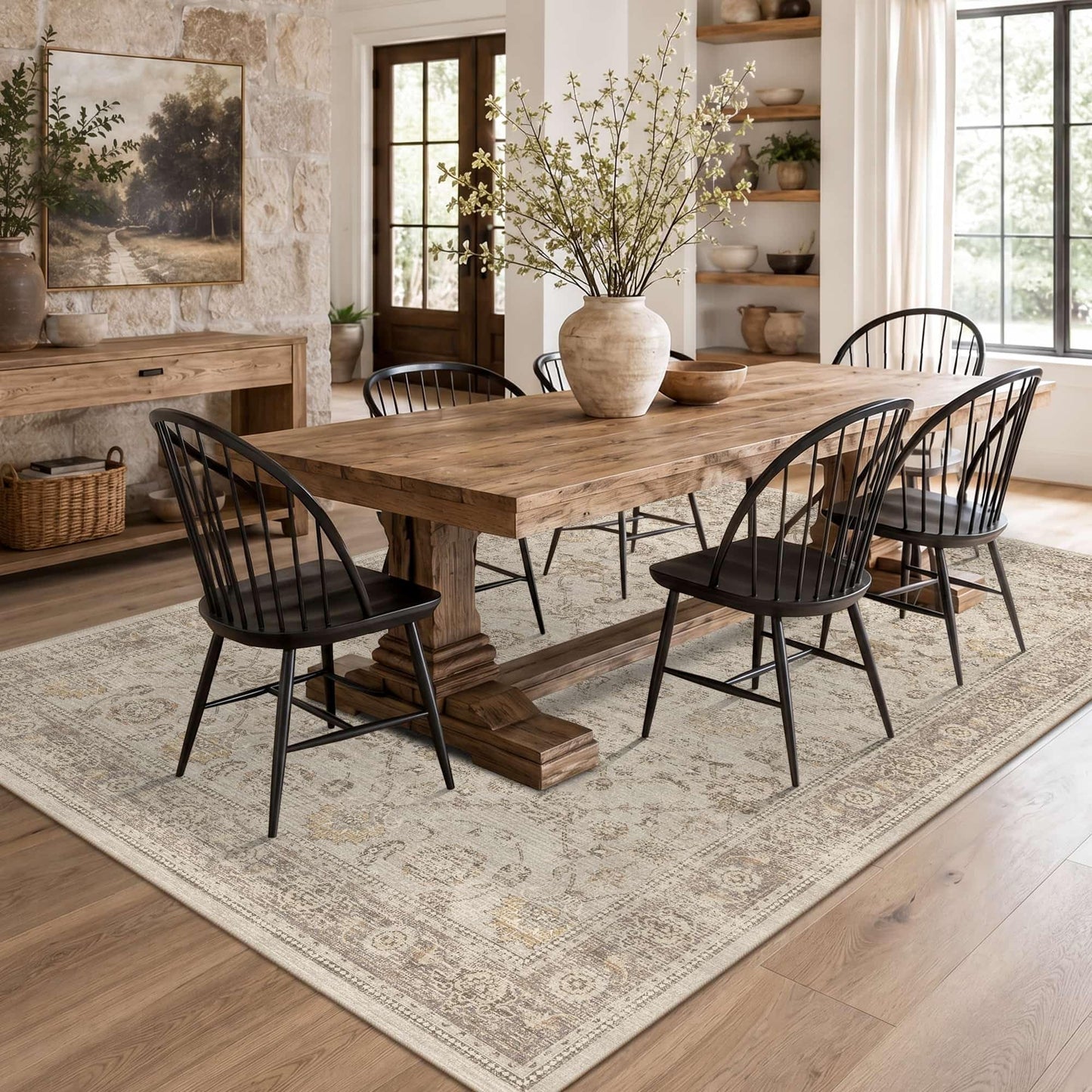 Lullosa Area Rugs 5x7 Washable Non-Slip, Beige Vintage Boho Traditional Carpet for Living Room, Nursery, Bedroom, Office, Laundry, Dining Room Table Rug