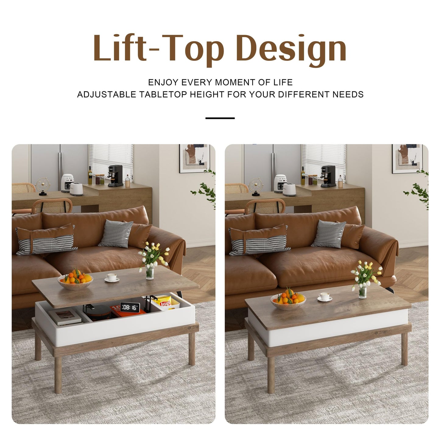 Shintenchi Coffee Table, Lift Top Coffee Table with Hidden Compartment, Rising Tabletop Dining Table, Lift Top Coffee Center Table for for Living Room, Office, Home (Ivory)