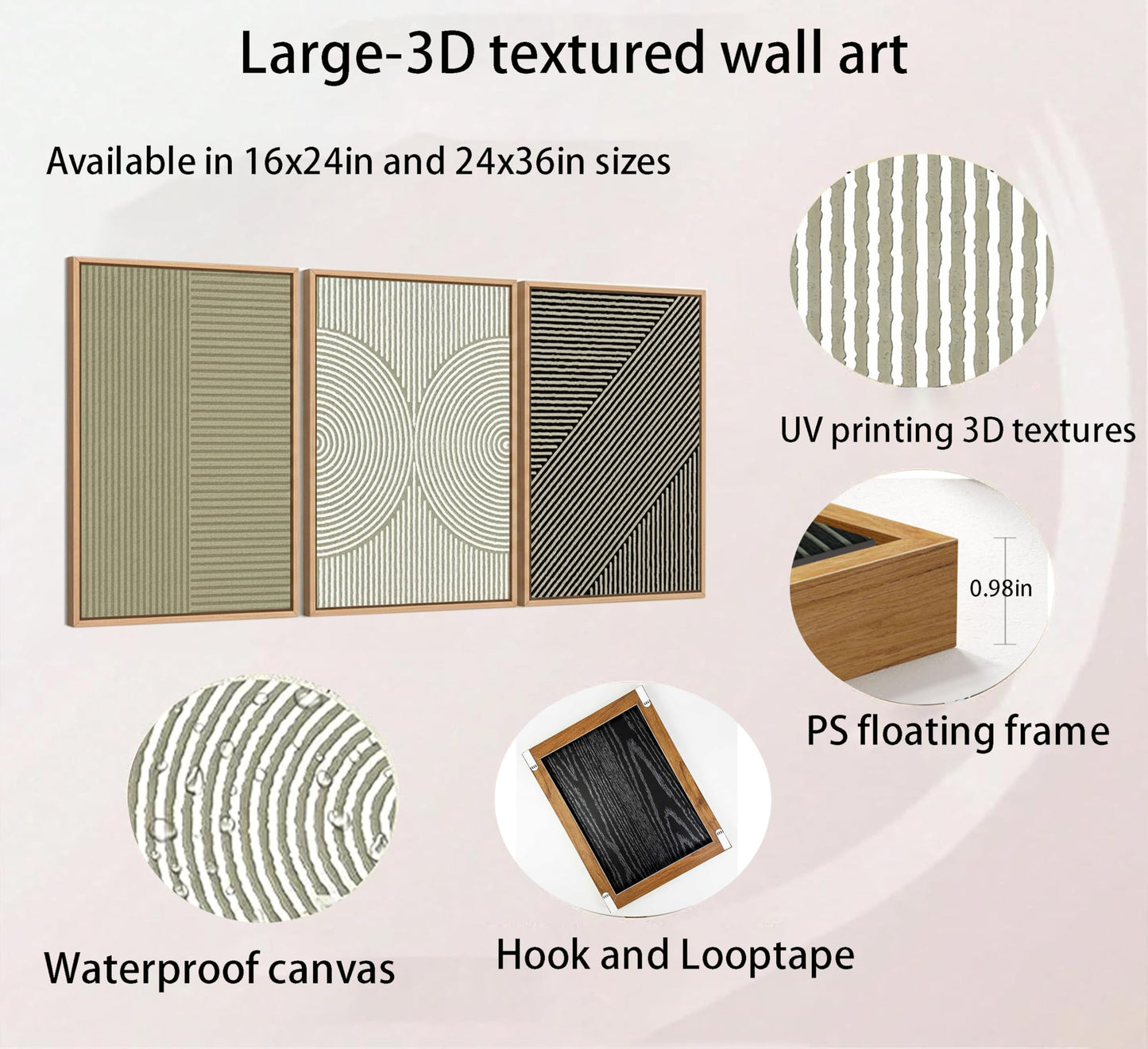 Framed-Large 3D Texture Wall Art Set of 3,Neutral Line Canvas Prints,UV Printing Minimalist Abstract Geometric Pictures for Living Room Bedroom Wall Decor 16x24in
