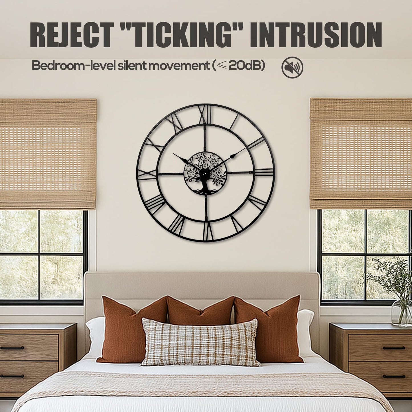 Ohweog 40 Inch Large Wall Clock for Living Room(Quick Assembly) – Black Metal Clock with Nature-Inspired Tree Design, Silent Non-Ticking, Battery Operated Roman Numeral Wall Clock for Home Decor