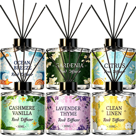 Vetuslumen 6 Pack Reed Diffuser Sets, Essential Oil Reed Diffusers for Home with 30 Sticks, Long Lasting Scent, Gift Ready Fragrance Diffuser for Bedroom, Bathroom, Office, Home Decor (1.69oz Each)