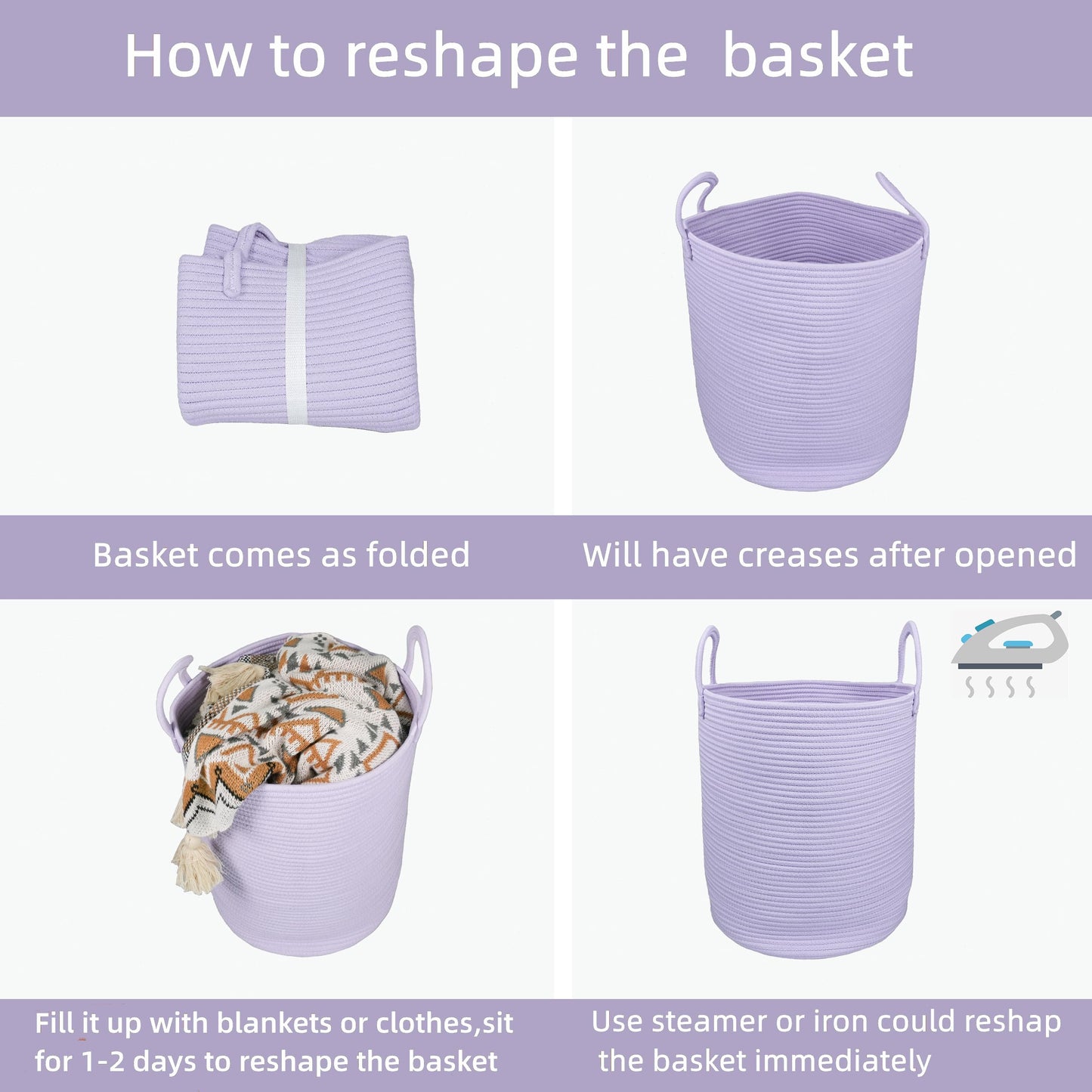XUANGUO Rope Laundry Basket Hamper for Clothes Woven Storage Basket for Living Room Bedroom Boho Tall Rope Baskets for Blanket Toys Pillow Towels Baby Nursery Hamper Bin Large purple or lavender