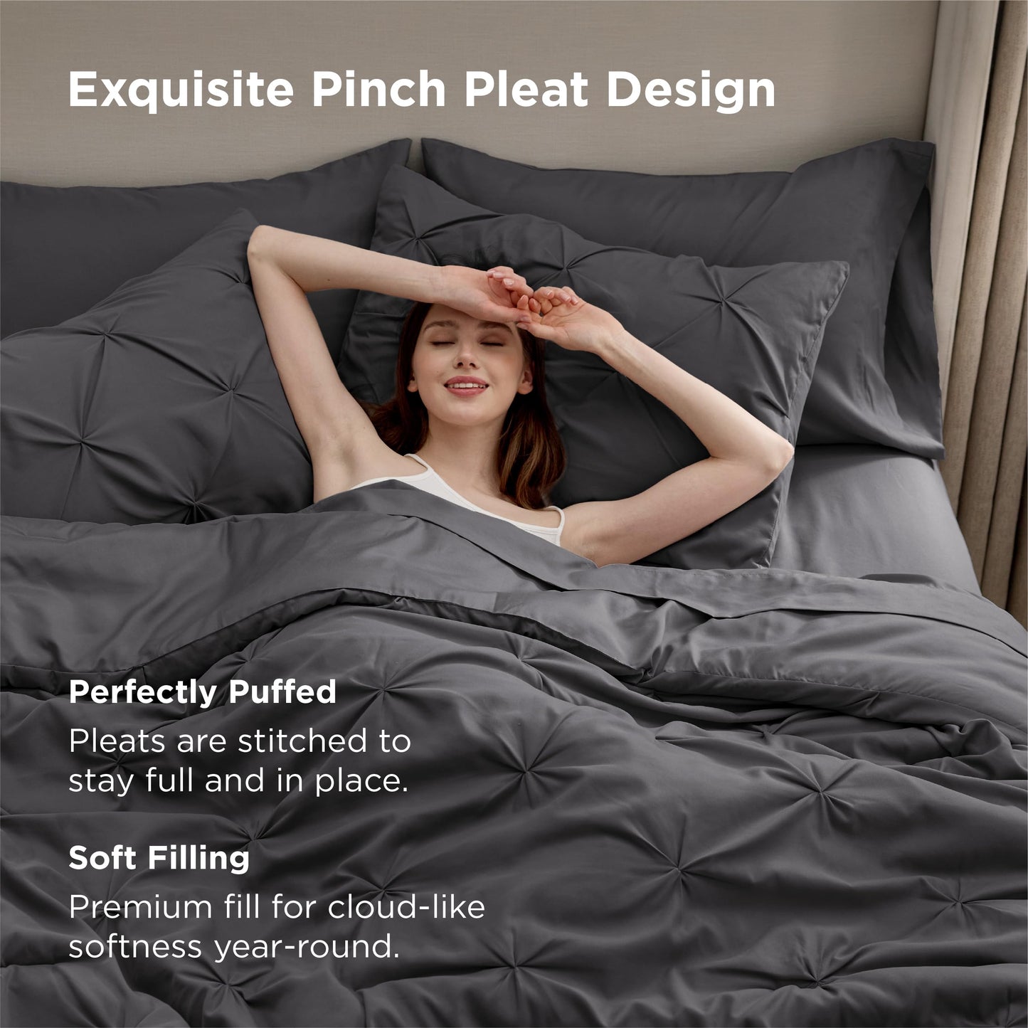 Bedsure Queen Comforter Set Dark Grey - Bed in a Bag Queen Size Bedding 7 Pieces, GentleSoft™ Pintuck Bed Set Gift for Family, All Season Down Alternative Comforter with Sheets, Pillowcases & Shams