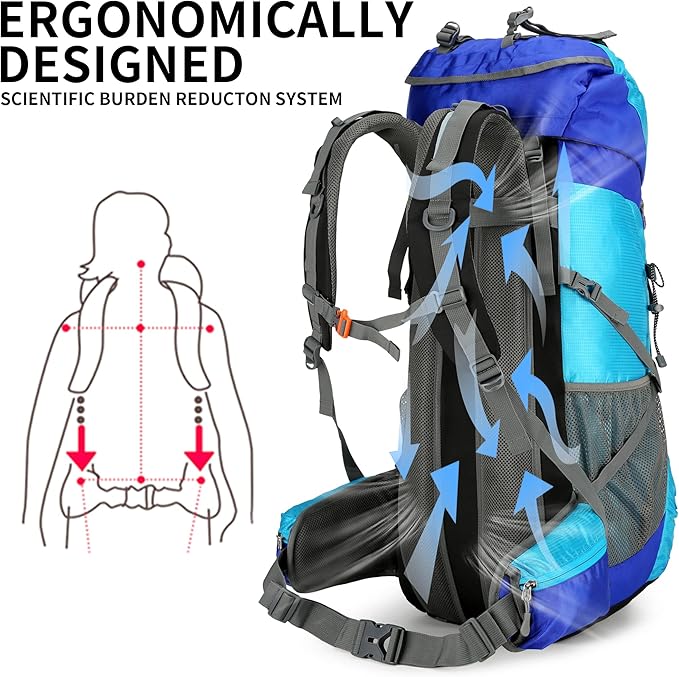 Hiking Backpack for Men and Women 70L+5L Waterproof Lightweight Camping Daypack with Rain Cover for Outdoor Travel Mountaineering - Frameless (Blue)