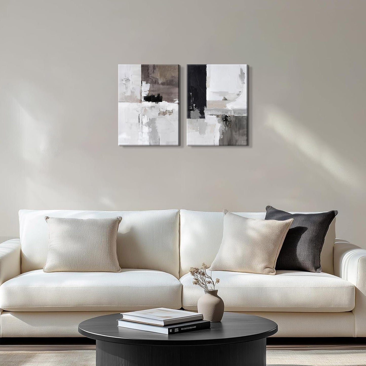 Framed Modern Abstract Wall Art Set of 2, Black White Neutral Minimalist Canvas Prints, Contemporary Industrial Artwork, Light Luxury Wall Decor for Living Room Bedroom Office, 16x24in