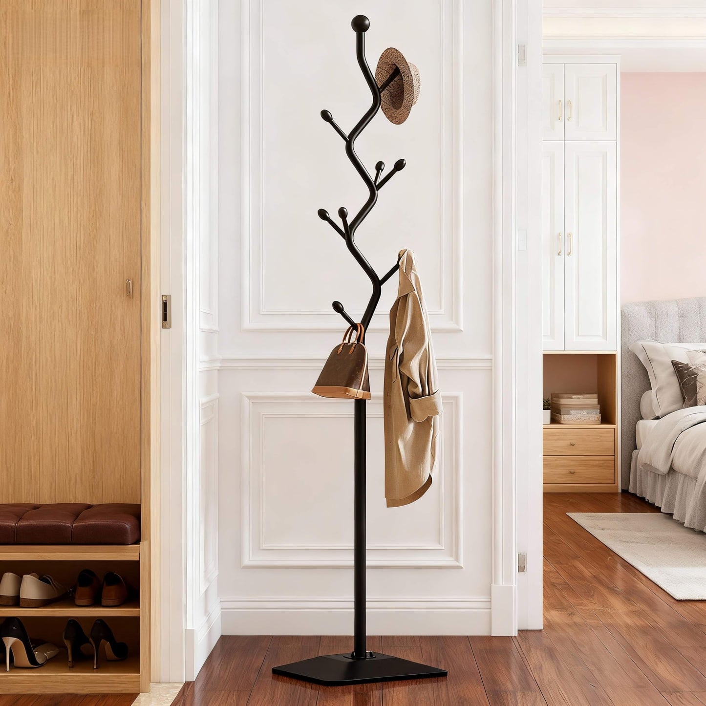 IRNCLD Sturdy Metal Coat rack Tree – Anti-Tip Design with 8 Hooks, Perfect for Home, Dorm, or Office Organization (black)