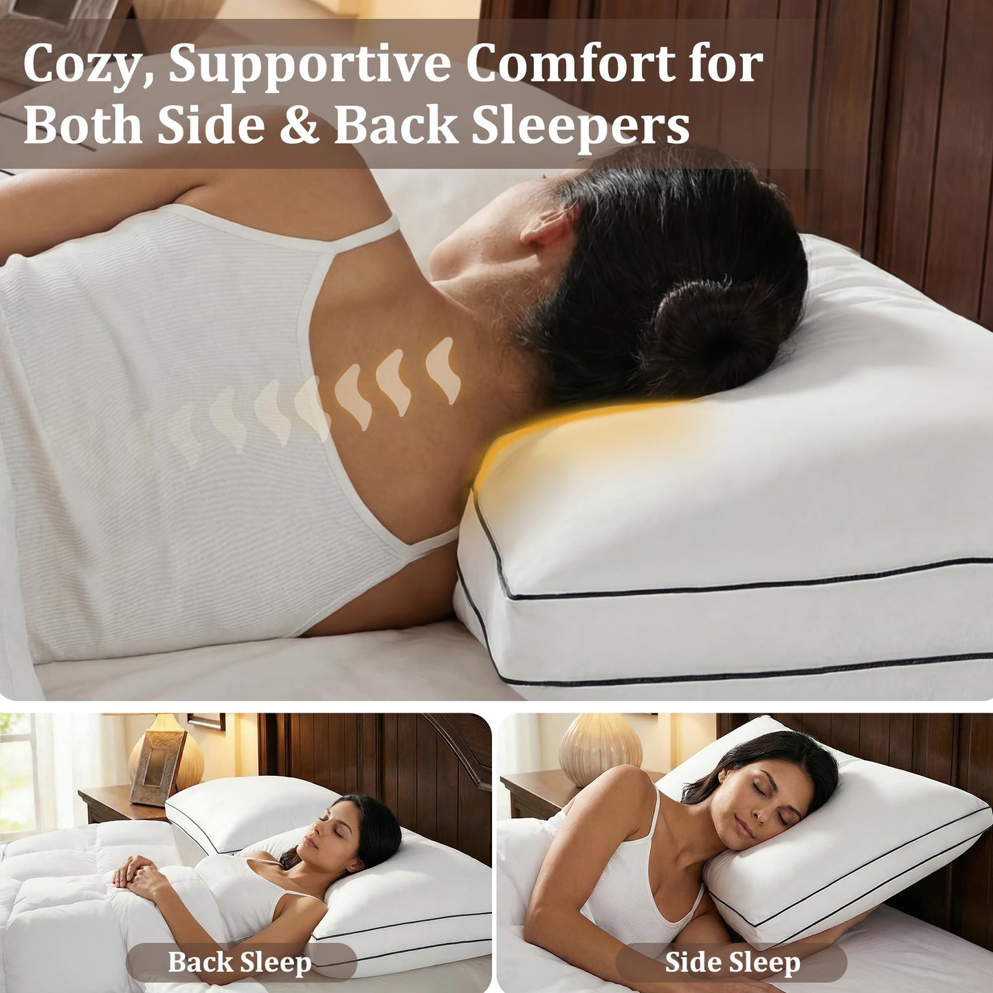 Gehtmnl Goose Down Pillows Queen Size Set of 2, Luxury Hotel Collection, 3-Chamber Gusseted Design, 100% Cotton Cover, Fluffy Yet Supportive for Side & Back Sleepers, Neck & Shoulder Support