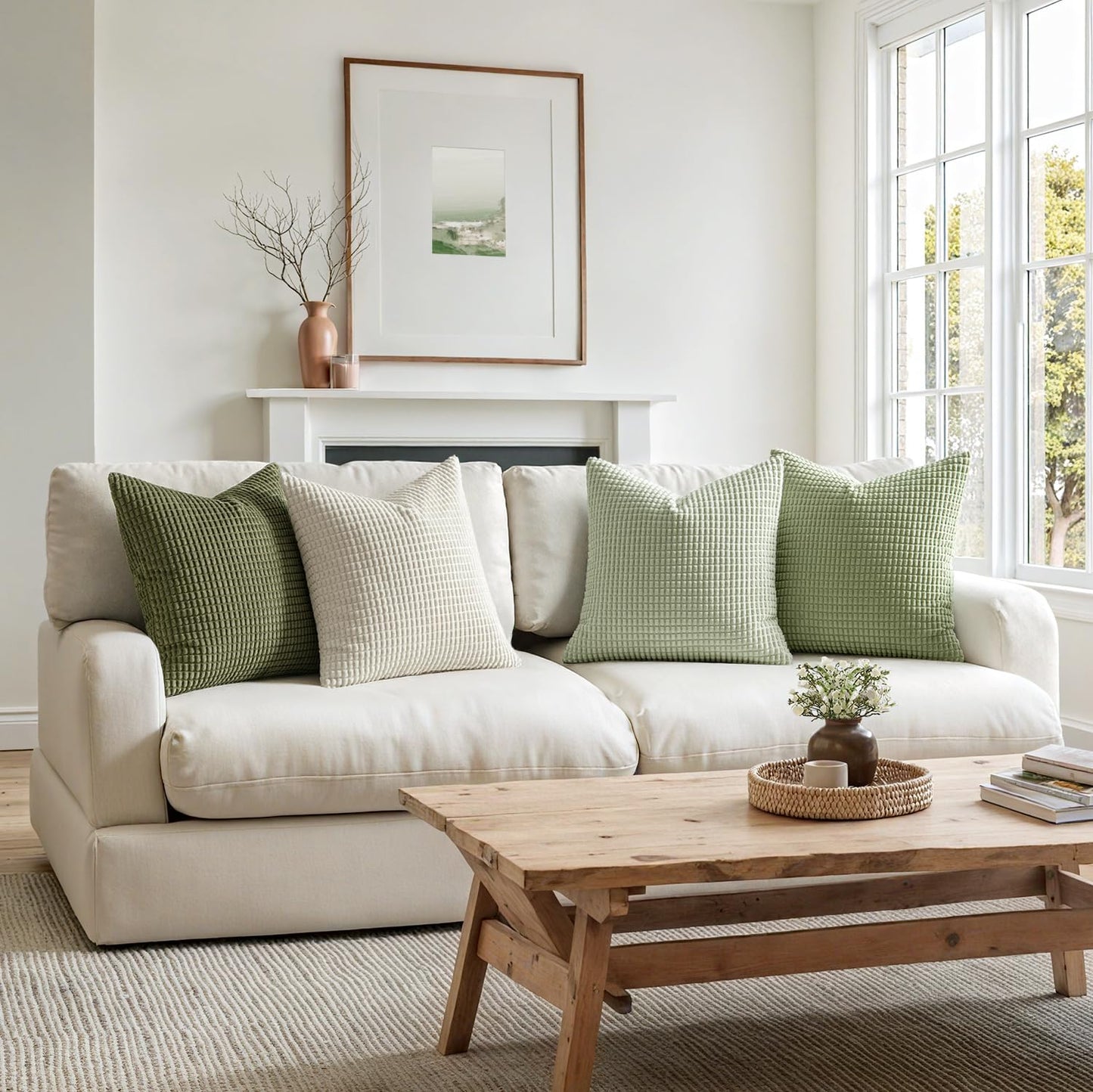 MIULEE Modern Farmhouse Decorative Spring Pillow Covers 20x20 Inch Set of 4 Natural Rustic Throw Pillows Neutral Warm Soft Corduroy Couch Pillowcases Home Decor for Sofa Living Room Bed Light Green