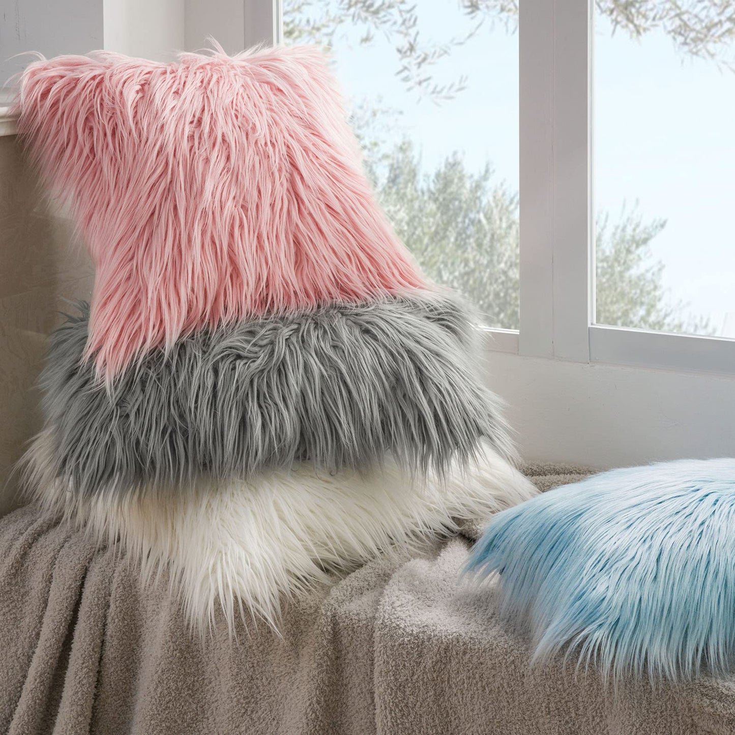 Phantoscope Pack of 2 Faux Fur Solid Throw Decorative Pillow Cover Cushion Covers Luxury Soft Decorative Pillowcase Fuzzy Pillow Covers for Bed/Couch,Gray 18 x 18 Inches