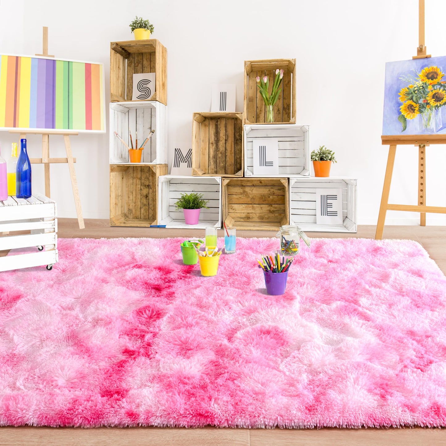 Foxmas Soft Fluffy Area Rugs for Bedroom Kids Room Plush Shaggy Nursery Rug Furry Throw Carpets for Boys Girls, College Dorm Fuzzy Rugs Living Room Home Decorate Rug, 3ft x 5ft, Tie-Dyed Pink