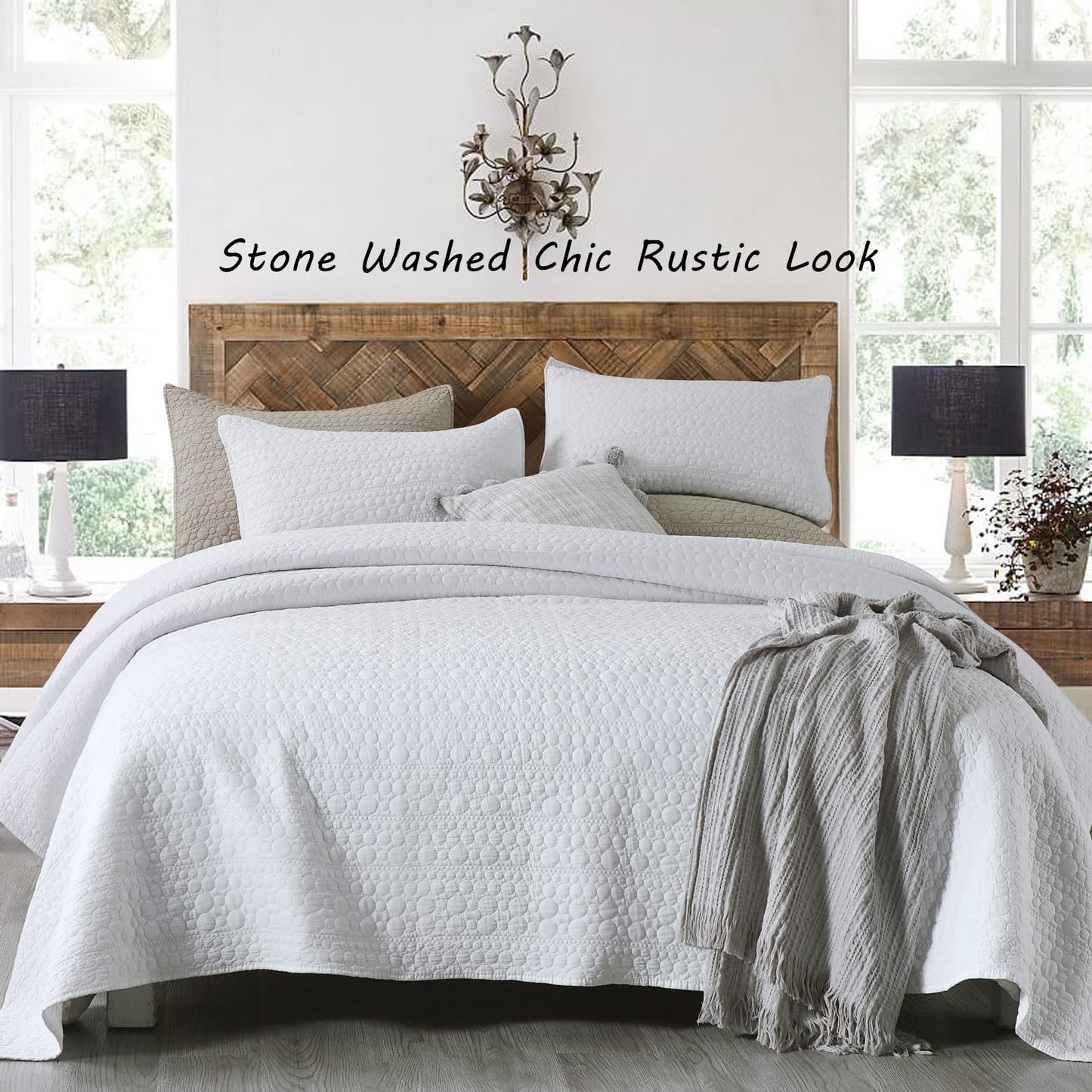 HORIMOTE HOME Quilt Set Queen Size White, Classic Geometric Spots Stitched Pattern, Stone-Washed Microfiber Chic Rustic Look, Ultra Soft Lightweight Quilted Bedspread for All Season, 3 Pieces