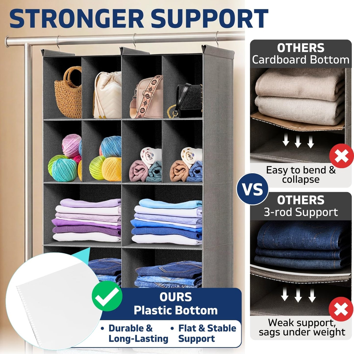 Ofiray-home 6 Tier Hanging Closet Organizer, 16 Compartments Sweater Organizer for Closet with 3 Sturdy Hooks, Closet Organizers and Storage, Wardrobe, Rv, Garment Rack, Grey