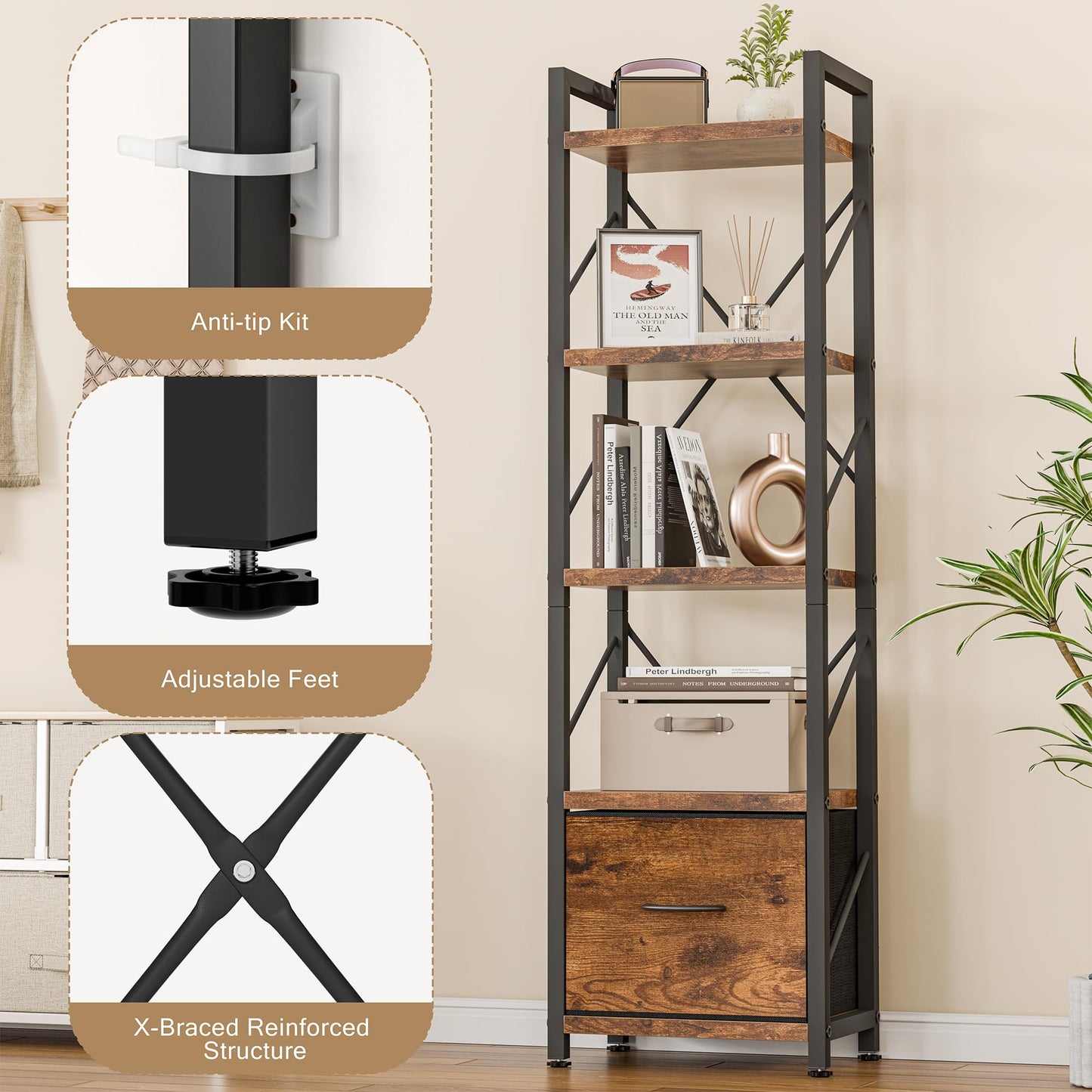 Shintenchi Bookshelf, 5 Tier Bookcase with Drawer, Modern Tall Bookshelves Storage Organizer, Industrial Book Shelves for Bedroom, Living Room, Office, Rustic Brown