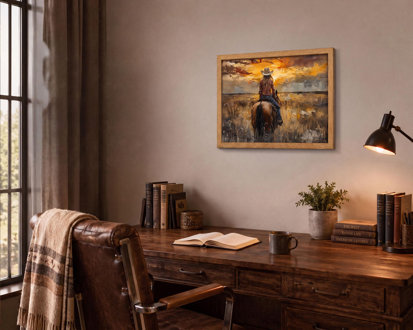 Brown Solid Wood Frame Cowgirl Riding Horse Canvas Wall Art 8x10in