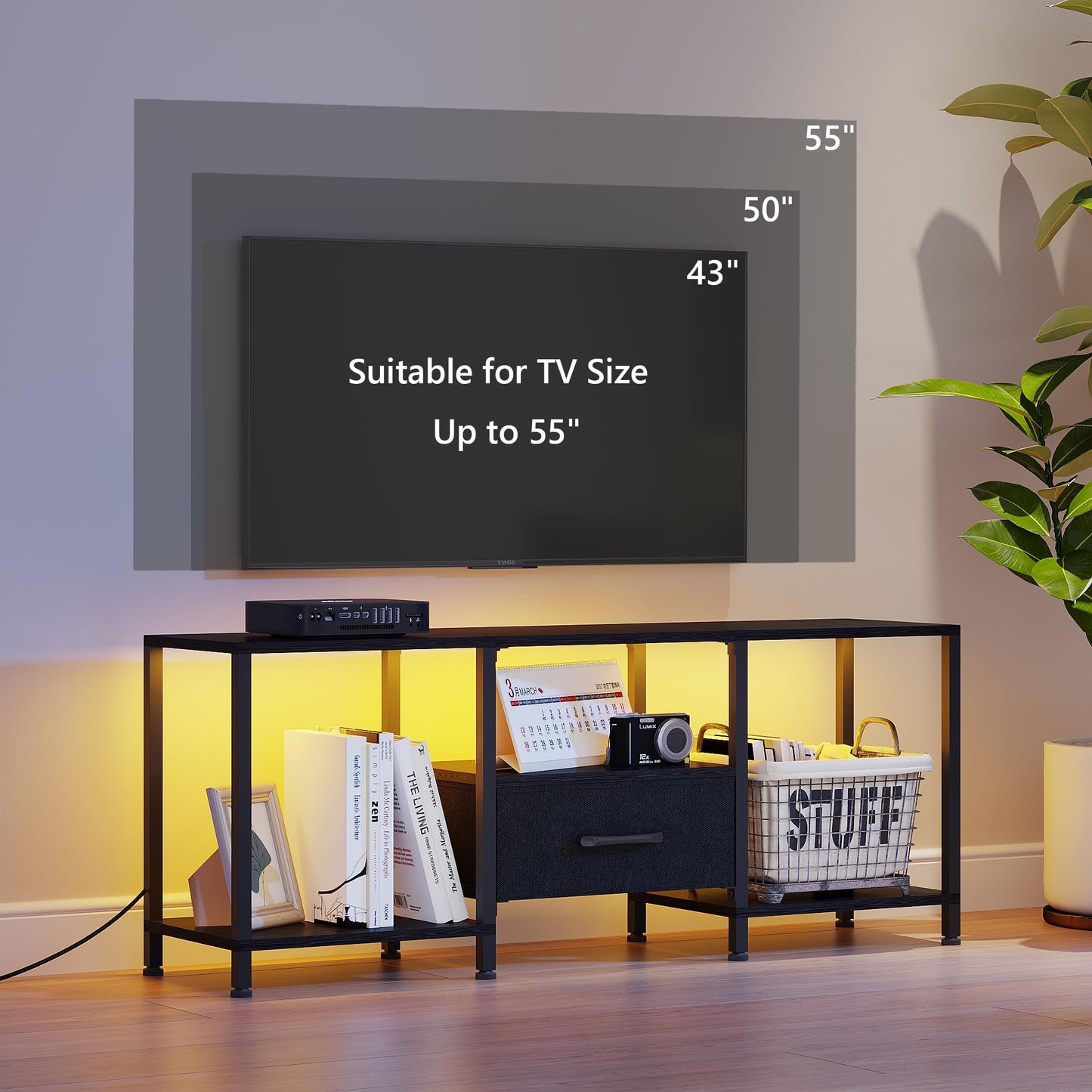 JARHETUN TV Stand with LED Lights, Entertainment Center with Open Shelves and Fabric Drawer, Media Console for 55 Inch TV, Television Stands for Living Room, Bedroom, Black