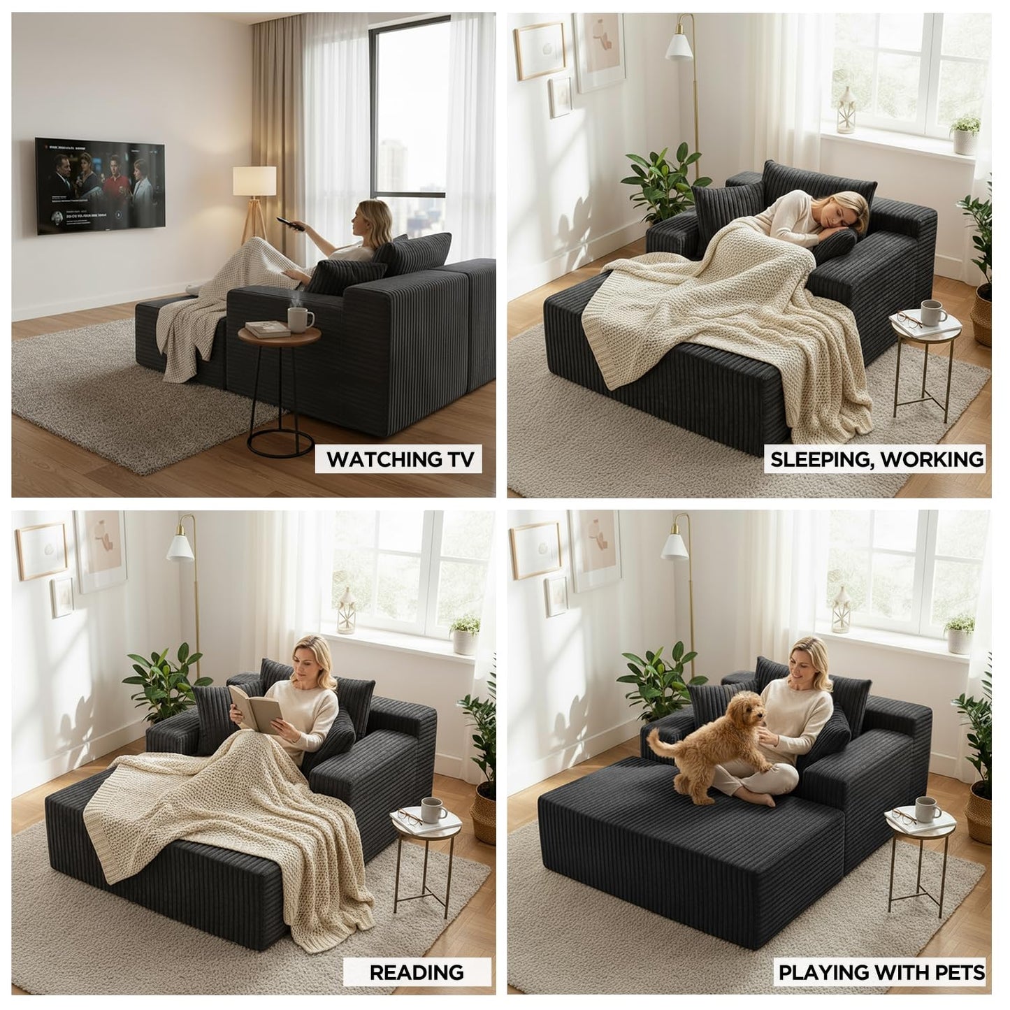 Sytopia Chaise Lounge with Armrests, Oversized Sofa Bed with 3 Pillows, Cozy Couch, Sleeper Reading Chair for Living Room Bedroom, Floor Sofa Corduroy, Furniture Sala, Volcanic Ash