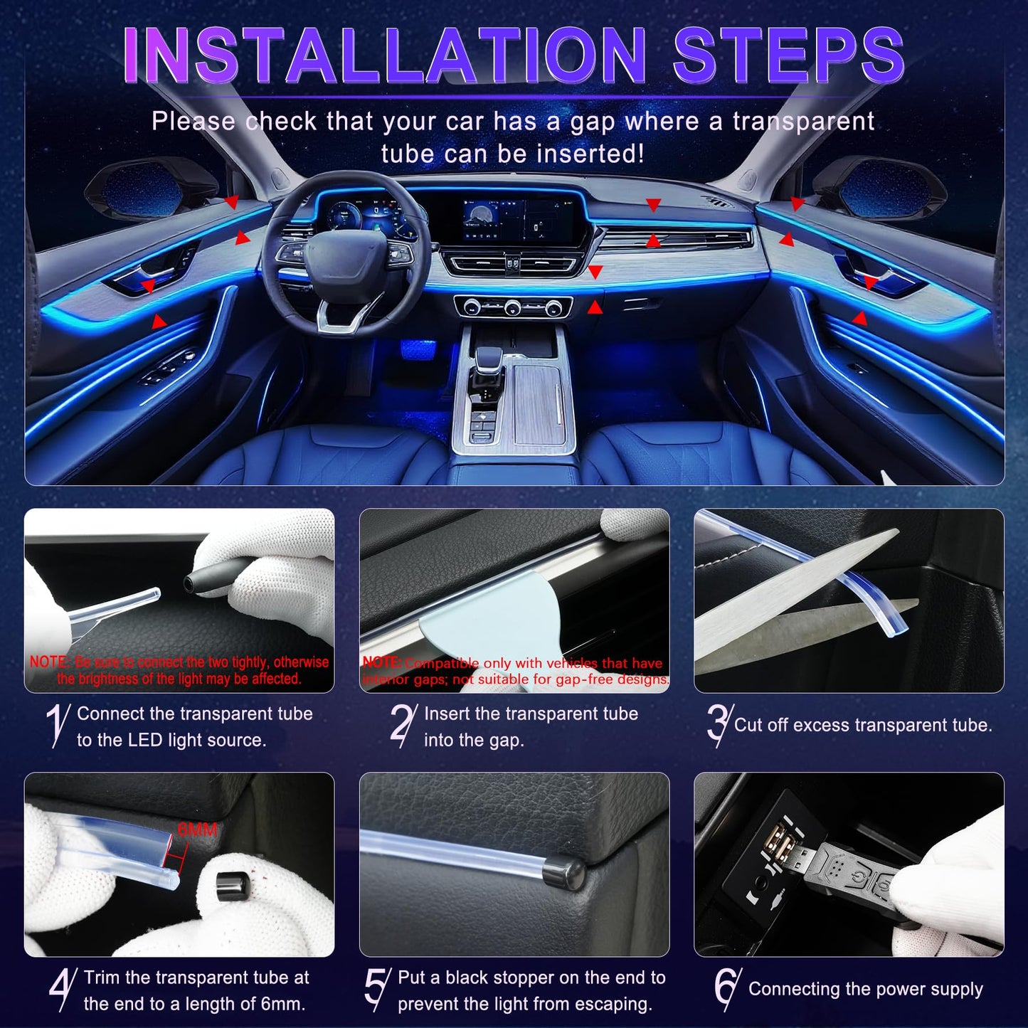 LivTee Smart LED Car Lights Interior with USB Port, LED Strip Fiber Optic Ambient Lighting Car, Wireless App Control, Sync to Music, Car Decorations Interior Accessories Gifts for Women Men, 6 in 1