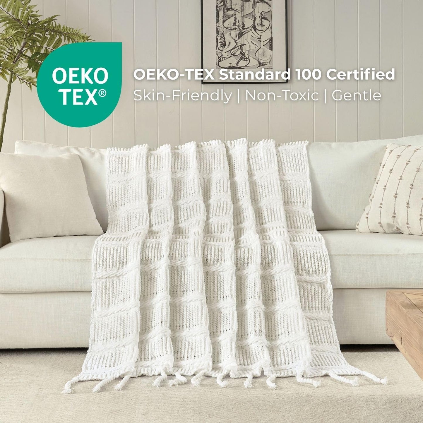 Boho Knitted Chenille Blanket with Tassels - Lightweight & Soft All-Season Throw - 3D Classic Pattern for Living Room Bedroom Couch, Cloud White, Throw 50"x60"