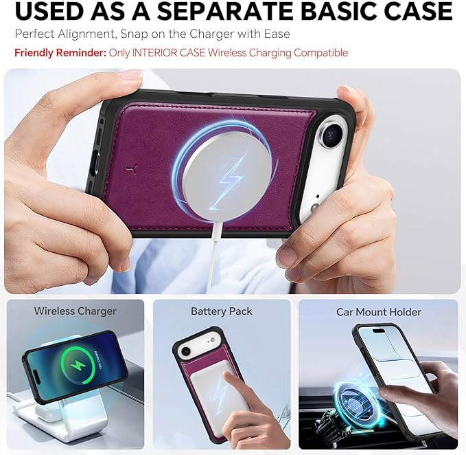 TUCCH Detachable Case Wallet for iPhone Air (6.5") 2025, Wrist Strap | 4 Card Slots RFID Blocking | Wireless Charging | Stand | 2-in-1 Magnetic | PU Leather | Shockproof Folio Cover | Plum Purple
